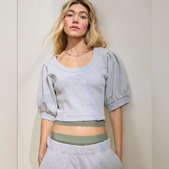 aerie Tops - Aerie Heather Grey French Terry Scoop Neck Puff Sleeve Cropped Sweatshirt LG